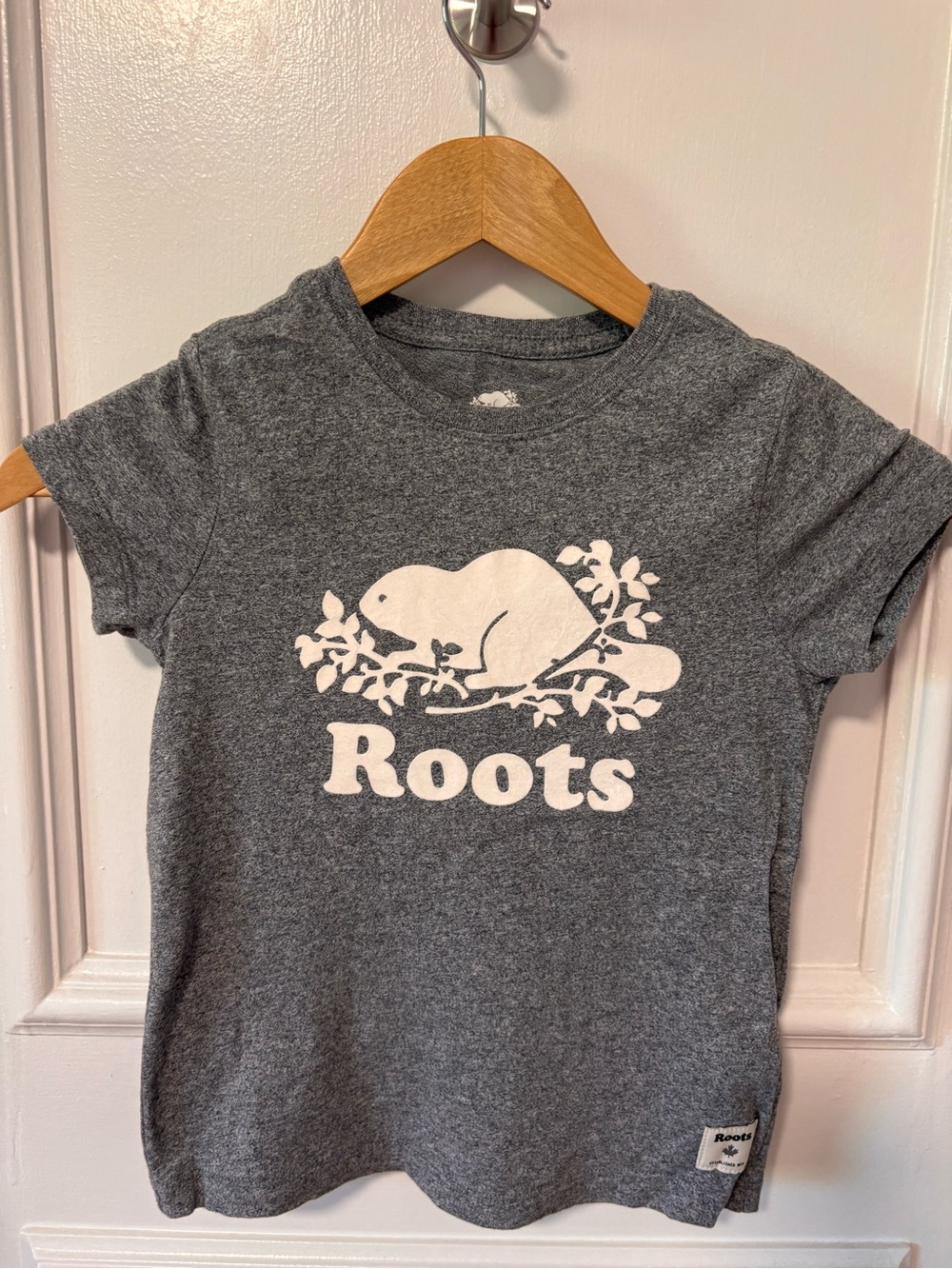 Roots Gray Kids Short-Sleeve Logo Tee with White Beaver Graphic